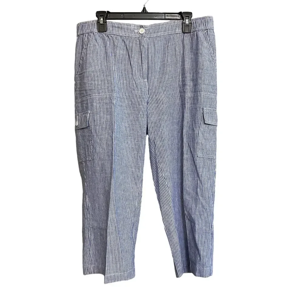 Talbots Pants Cropped Linen Cotton Blue White Striped Cargo‎ Pockets Size 14